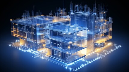 Poster - vision of architecture of a 3d model house project with blueprint