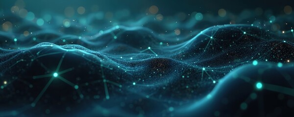 Leinwandbilder - Abstract tech background shows blockchain network connecting dots in metaverse. Futuristic cyberspace wallpaper. Modern graphic design template with blue glowing lines, dots, blurred lights for