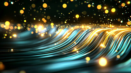 Fototapete - Luminous Flowing Waves with Vibrant Blue Tones and Shimmering Golden Lights in an Abstract Composition