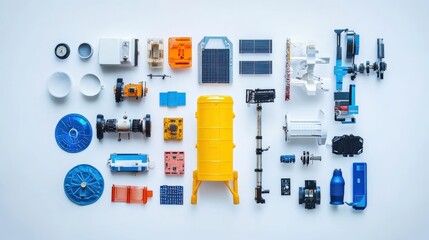 Poster - A vibrant arrangement of various mechanical components and tools on a clean surface, showcasing innovation