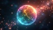 © Maryna - Radiant rainbow colored sphere form with sparkling details on dark cosmic background. Bright sphere surface electric discharge energy. Round planet globe with colorful plasma lightning.