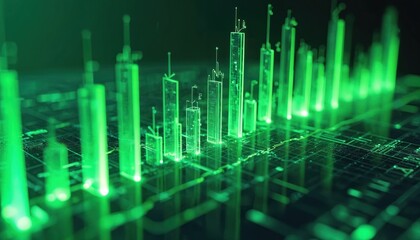 Poster - Positive green market chart as detailed bar graph render. Financial business data analysis for economy investment growth trend. Sustainable upward diagram on abstract digital technology background.