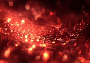 Leinwandbilder - Red, glowing music notes against a background with bokeh lights, musical elements in motion, and a dark, abstract backdrop.