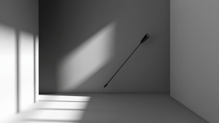 Poster - a solitary arrow embedded in a minimalist gray room, with dramatic shadows highlighting the space