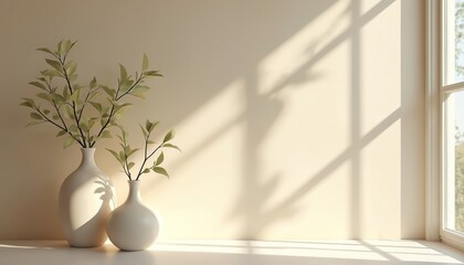 Poster - Minimalistic light beige background with intricate window shadow. Two vases with leafy branches. Modern natural design template for product presentation, beauty, show, exhibition. Copy space, empty