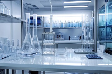 Poster - Modern laboratory workspace with glassware and scientific instruments in use