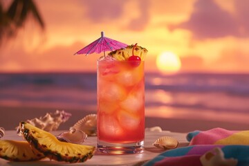 Refreshing Tropical Cocktail with Umbrella at Sunset Beach Scene