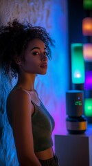 Young african female in colorful ambient lighting near modern speaker