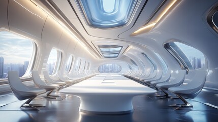 Poster - Spacious Modern Interior Design of a Futuristic Meeting Room With Abundant Natural Light in a Sleek Environment