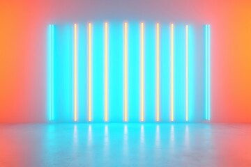 Poster - vibrant neon light wall with colorful gradients and reflections, minimalistic design.