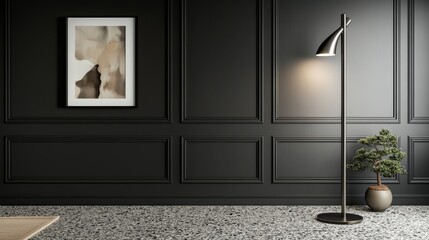 Poster - Stylish Interior Design Featuring a Modern Black Wall, Contemporary Artwork, and a Sleek Floor Lamp in a Minimalist Space During Evening Hours
