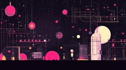 Poster - futuristic cityscape with abstract figures exploring vibrant neon structures at night