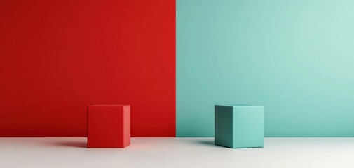 Poster - Vibrant red and turquoise cubes against contrasting walls for modern design inspiration.