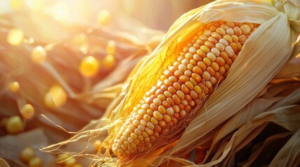 Fresh Corn Cob with Bright Kernels Glowing in Warm Sunlight