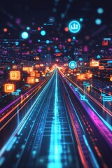 Aufkleber - Digital City Skyline Illuminated by Vibrant Data Streams Showcasing Technology, Innovation, and Progress in a Futuristic Landscape at Night