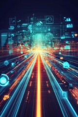 Aufkleber - Digital City Skyline Illuminated by Vibrant Data Streams Showcasing Technology, Innovation, and Progress in a Futuristic Landscape at Night