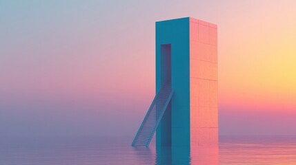 Poster - abstract structure emerging from serene water at sunset, creating a tranquil atmosphere