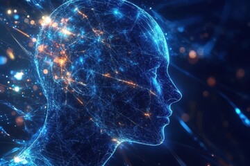 Poster - Futuristic representation of a human head made of light and data in a digital landscape