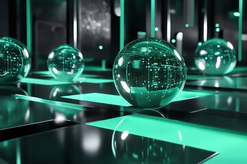 Poster - Futuristic transparent spheres reflecting lights in a high-tech digital environment