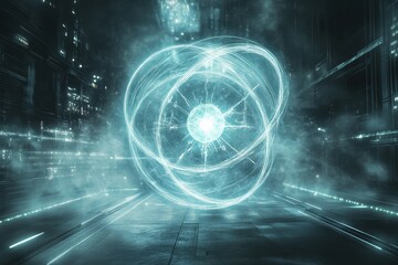 Poster - futuristic energy orb surrounded by glowing particles in a high-tech environment