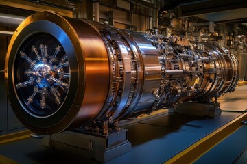 Poster - Advanced jet engine displayed in a modern aerospace facility showcasing engineering innovation