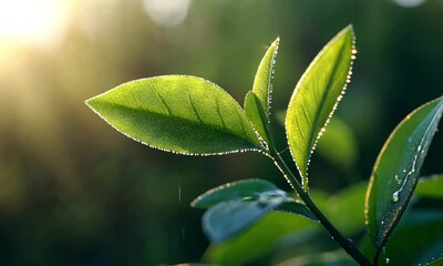 Wall Mural - A vibrant close-up of fresh green leaves glistening with droplets of water in soft sunlight. This natural beauty captures the essence of growth, renewal, and tranquility in nature.