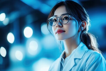 Poster - Scientist in laboratory deep in thought with blue lighting and blurred background elements