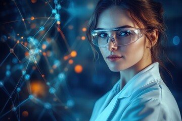 Poster - Young scientist in lab coat focusing on data analysis with digital connections displayed