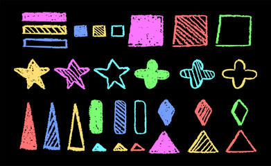 Wall Mural - set of abstract geometric basic shapes drawn with colorful pastel or charcoal. hand drawn paint rhom