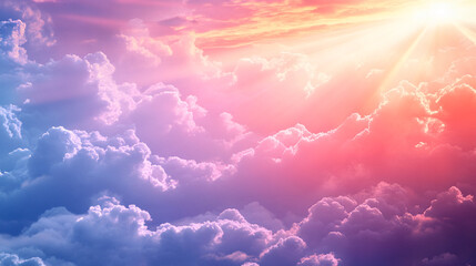 Poster - A vibrant and colorful sky filled with soft clouds and sun rays, creating a serene atmosphere, symbolizing peace, calmness, and hope, with a dreamy, ethereal quality.