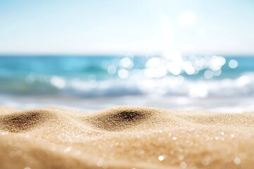 Wall Mural - Beach Sand and Ocean View A Calming Seascape with Soft Sand in the Foreground and Blurred Ocean with Sparkling Sunlight in the Background