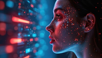 Poster - Side view of woman face with red, blue sparkles. Digital tech, virtual reality, augmented reality concept. Modern integration, user experience in metaverse, AI transformation, innovation. Hi-tech in