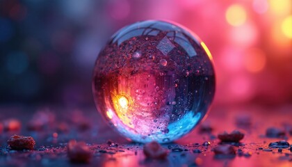 Poster - colorful crystal ball with abstract light reflections. generative ai photo of sphere reflecting neon