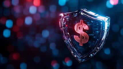 Poster - crystal shield with glowing dollar sign symbolizes financial security and protection in digital worl