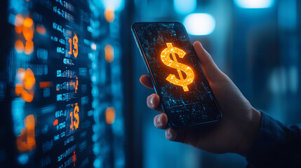 Aufkleber - person holds smartphone displaying glowing dollar symbol, symbolizing digital finance and investment opportunities. background features data display, enhancing tech savvy atmosphere