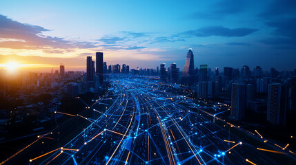 modern city skyline at sunset, showcasing network of electric lights and data connections. vibrant colors of sky reflect innovation and urban life