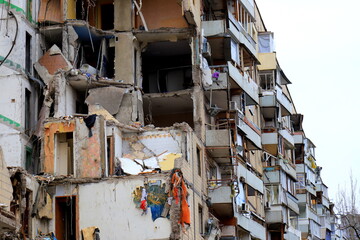 Wall Mural - Russian missile strike on apartment building in Dnipro, Ukraine. Rocket destroyed house. Russia war invasion in Ukraine