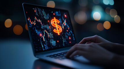 Aufkleber - person types on laptop displaying glowing dollar sign and financial data, symbolizing online finance and investment opportunities