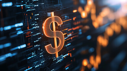 Aufkleber - glowing dollar sign on digital background symbolizes finance and investment trends. vibrant colors and abstract patterns evoke sense of modernity and technology