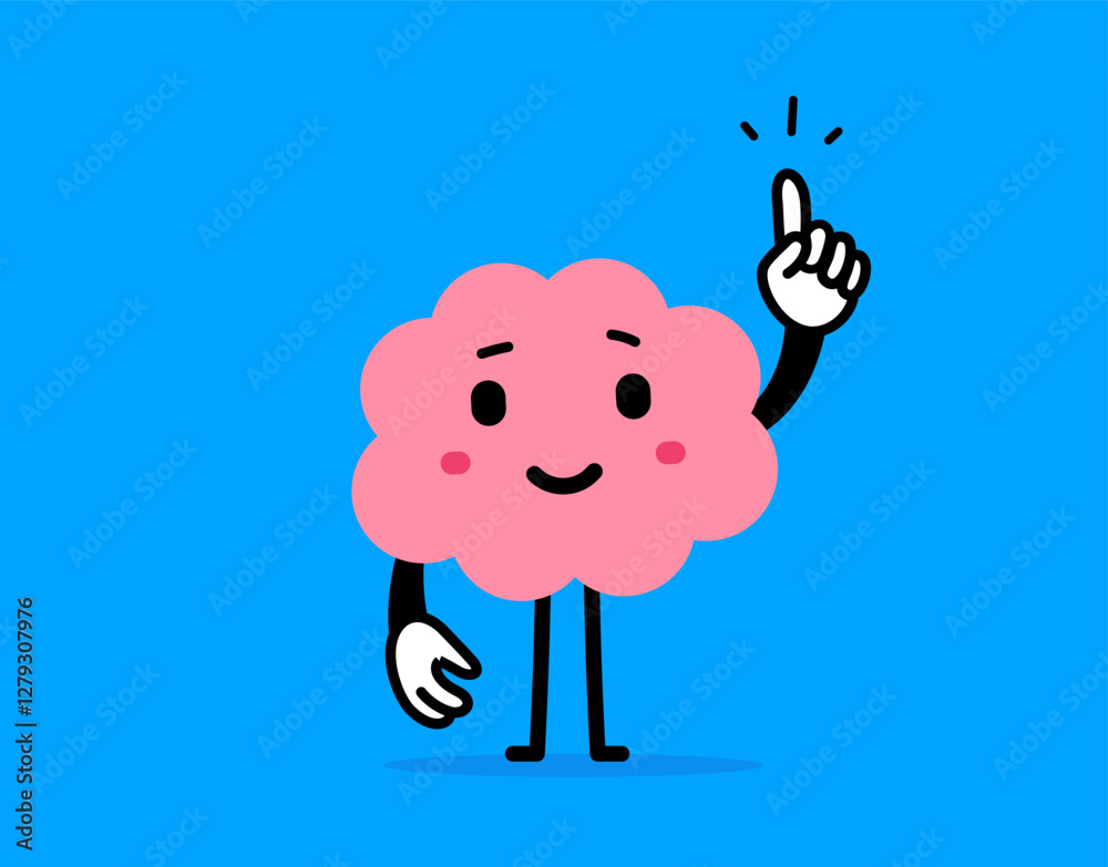 Vector cartoon illustration of cute happy brain character with raise ...