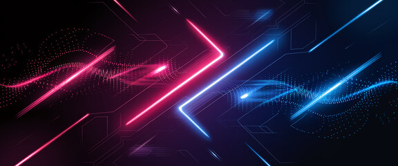 Poster - Vibrant digital design featuring glowing red and blue neon lines crossing over a dark futuristic background with dotted patterns, representing high-tech energy and dynamic motion. Gamer background