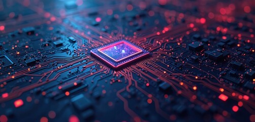 Leinwandbilder - Illustration of computer motherboard, circuit board. Electronic components, connections in blue, red. Tech background concept for innovation, engineering. Digital technology solutions for business,