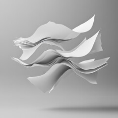 Poster - Abstract Monochrome Composition of Floating White Papers with Dynamic Lines and Shapes 
