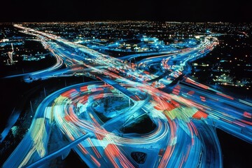 Poster - Dynamic Urban Highway Interchange Illuminated at Night Showcasing Light Trails and Intricate Road Patterns