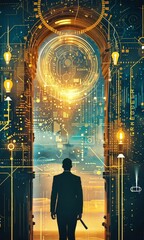 Poster - Exploring a futuristic pathway filled with light and technology at dusk