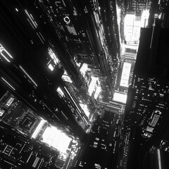 Aufkleber - Futuristic Cityscape: A Striking Black and White Abstract Vision of Urban Technology and Architectural Innovation