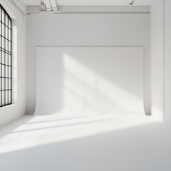 Poster - Minimalist White Studio with Seamless Backdrop and Natural Light from Window Creating a Blank Canvas