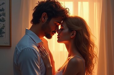 Wall Mural - Two individuals share a tender moment, their foreheads touching, surrounded by warm, glowing light