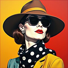 Wall Mural - A confident woman dons a chic outfit featuring a brightly colored jacket, oversized hat, and stylish sunglasses, exuding elegance against a vivid background of orange and yellow hues