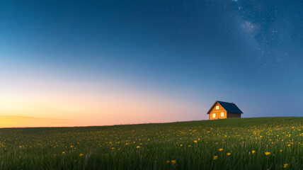 Wall Mural - Serene night with a lone house surrounded by vibrant wildflowers under the Milky Way sky in a tranquil countryside setting